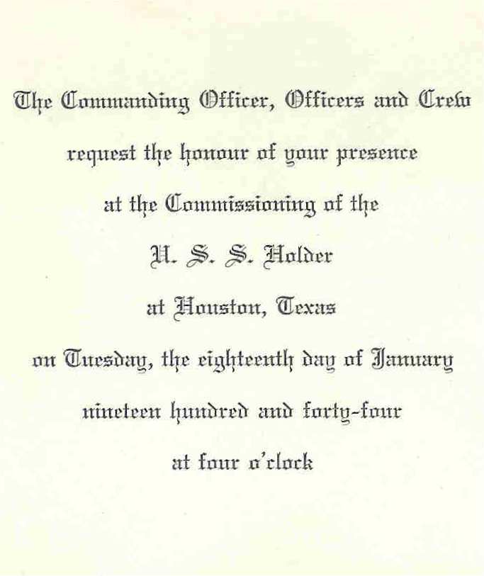 Invitation to Commissioning of USS Holder DE-401 - Page 1