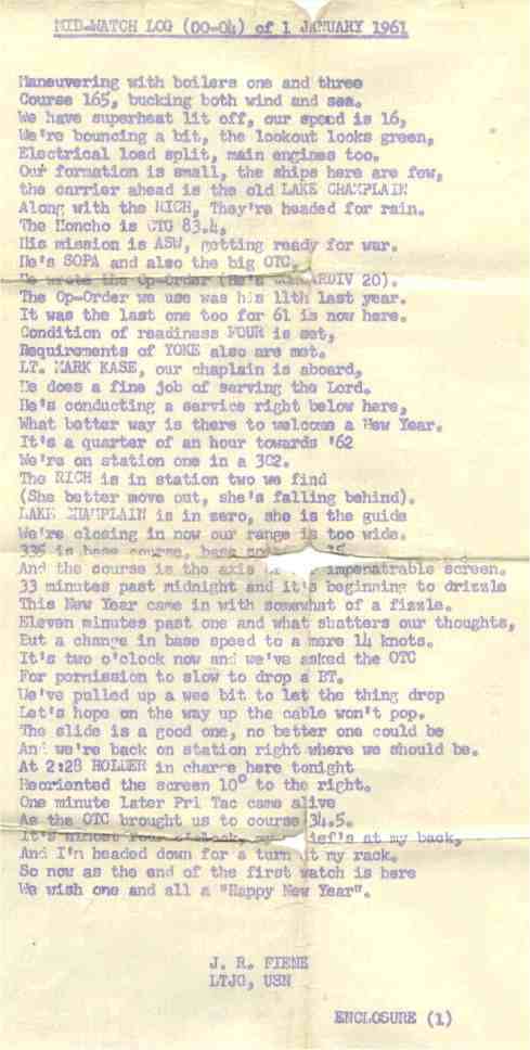 Entry from Log of Mid watch 01 January 1961